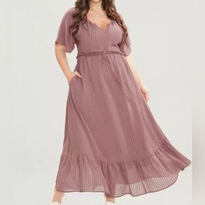 Bloomchic Solid Striped Notched Ties Up Pocket Flutter Maxi‎ Dress Pink Sz 30